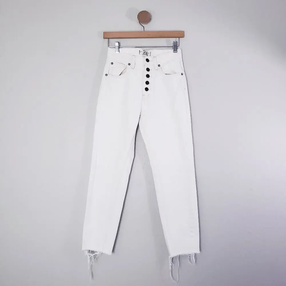 Free People Blossom White High Rise Rigid Straight Leg Jean Raw Hem 24 NEW